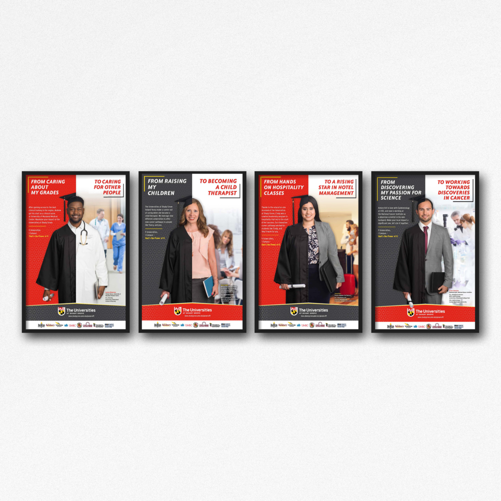 Mock ups of 4 posters from the USG Power of 9 marketing campaign