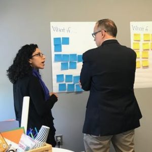 2 coworkers brainstorming with post it notes