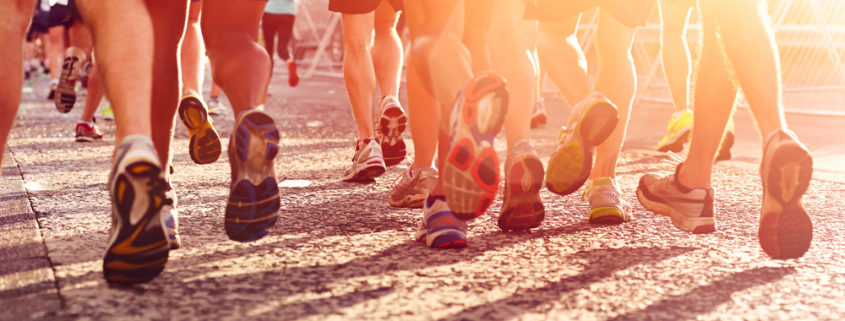 Focus on runners feet in a marathon