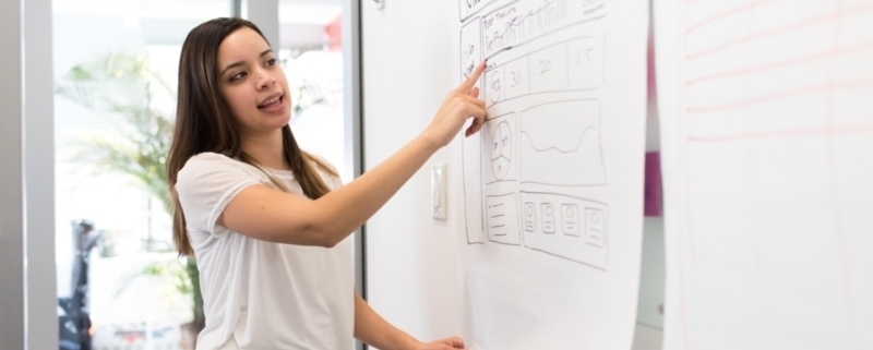 A young women leading strategy planning meeting and pointing to whiteboard diagram