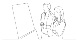 two people looking at a whiteboard/screen