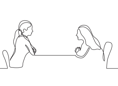 line drawing of two people sitting across from each other