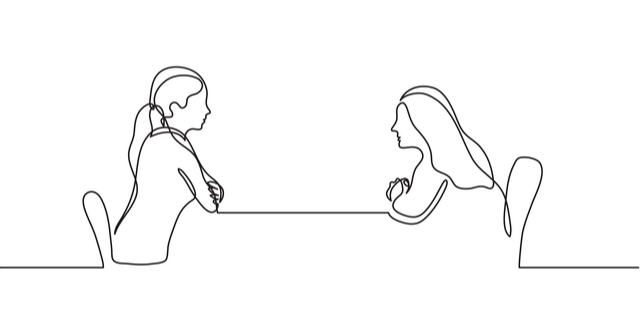 line drawing of two people sitting across from each other