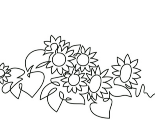 A line drawing of flowers with details of peddles, on a stem.