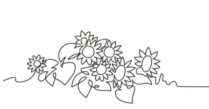 A line drawing of flowers with details of peddles, on a stem.