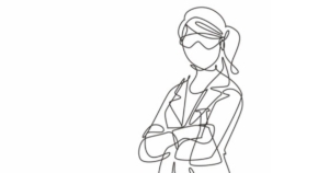 A woman stands with her arms crossed facing the audience and wearing glasses. The image is a line drawing