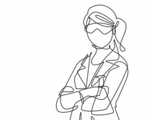 A woman stands with her arms crossed facing the audience and wearing glasses. The image is a line drawing