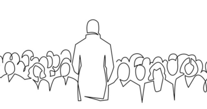 A person stands facing a crowd. They are giving a speech. The image is a line drawing.