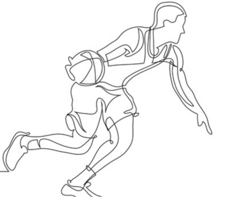 A drawing sketch a male playing basketball.