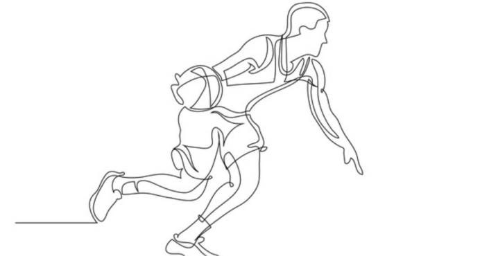 A drawing sketch a male playing basketball.