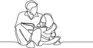 Two people sit together reading. The drawing is a line sketch drawing