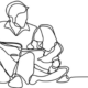 Two people sit together reading. The drawing is a line sketch drawing