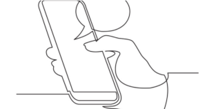 A line drawing of a cell phone and chat box, with someone holding their phone