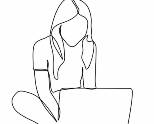 A line drawing of a girl sitting at her computer