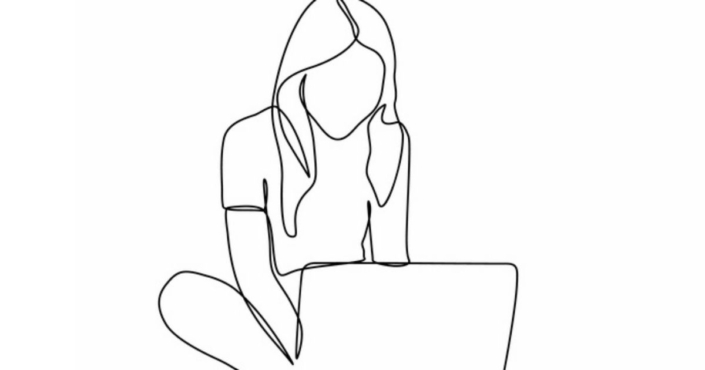 A line drawing of a girl sitting at her computer