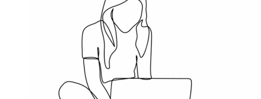 A line drawing of a girl sitting at her computer