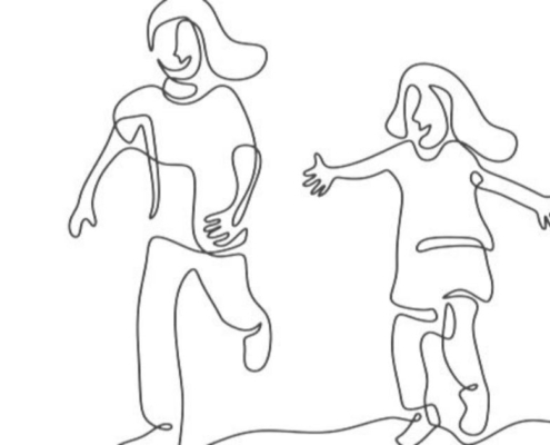two girls running with joy - a line drawing