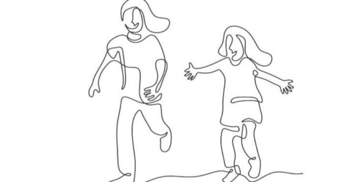 two girls running with joy - a line drawing