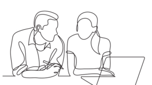 Line drawing of two coworkers talking