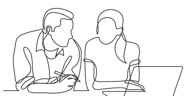 Line drawing of two coworkers talking