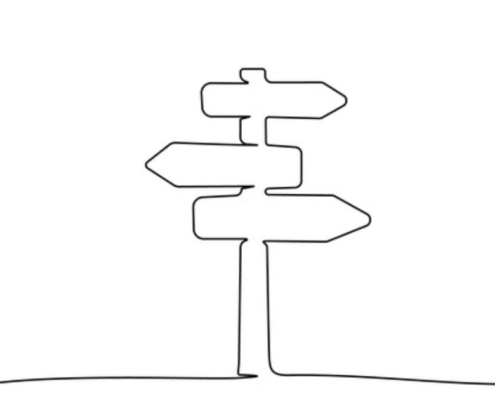 A line drawing of a street sign, pointing in different directions.