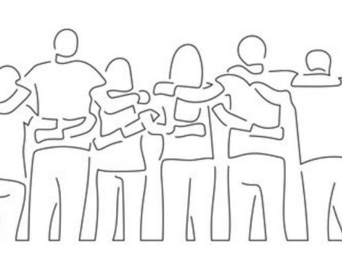 A line drawing of people facing away from the viewer with their arms around each other