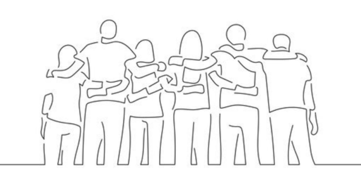 A line drawing of people facing away from the viewer with their arms around each other