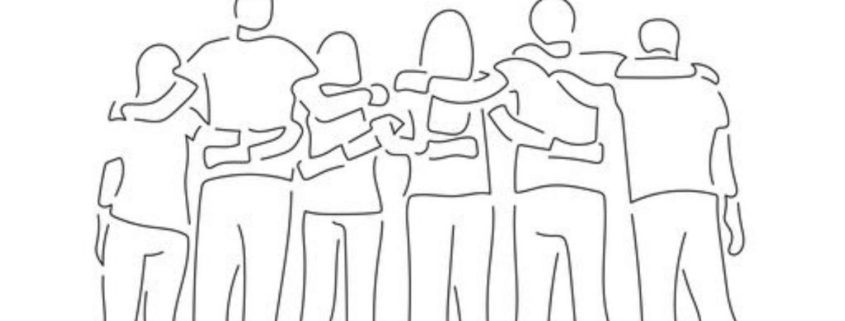 A line drawing of people facing away from the viewer with their arms around each other