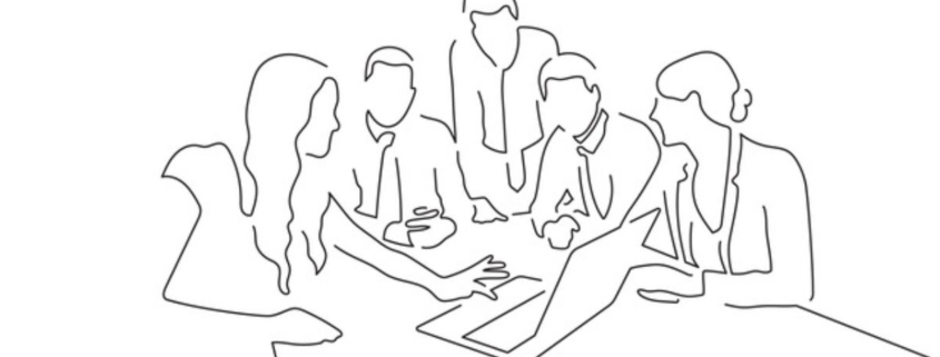 A line drawing of a group sitting around a conference table looking at a laptop