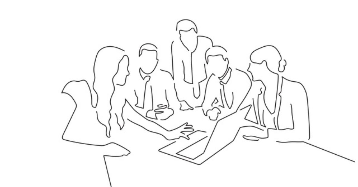 A line drawing of a group sitting around a conference table looking at a laptop