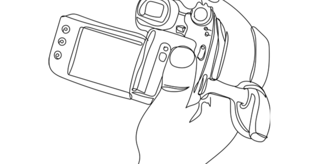 A line drawing of a hand holding a camcorder