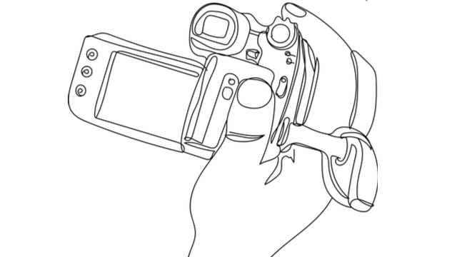 A line drawing of a hand holding a camcorder
