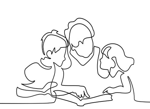 A line drawing of a person reads a book to two children.