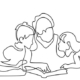 A line drawing of a person reads a book to two children.