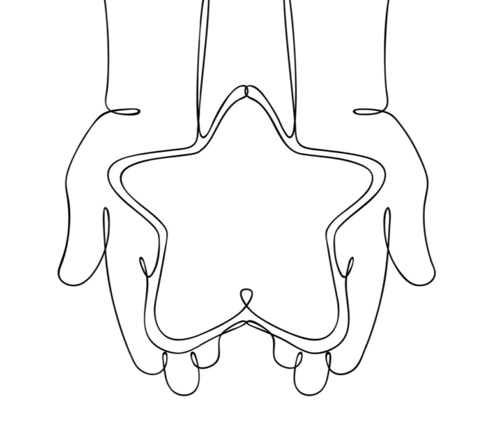 A line drawing of hands holding a star.