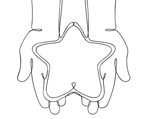 A line drawing of hands holding a star.