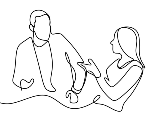 A line drawing of two people talking