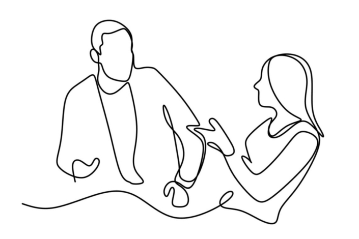 A line drawing of two people talking