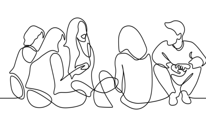 A line drawing of a group of people sitting in a circle and talking