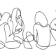 A line drawing of a group of people sitting in a circle and talking