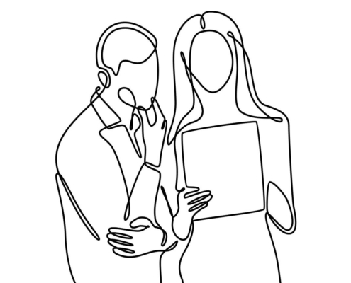 A line drawing of two people looking at a report