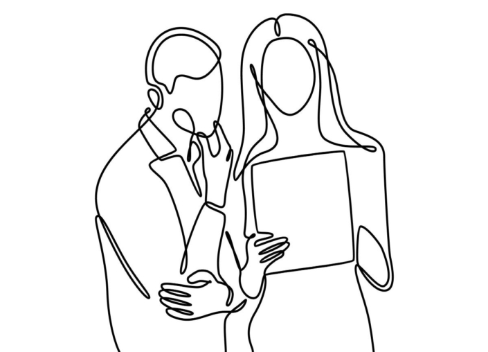A line drawing of two people looking at a report