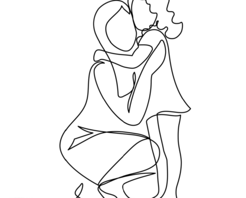 A line drawing of a mom bend down to hug her daughter.