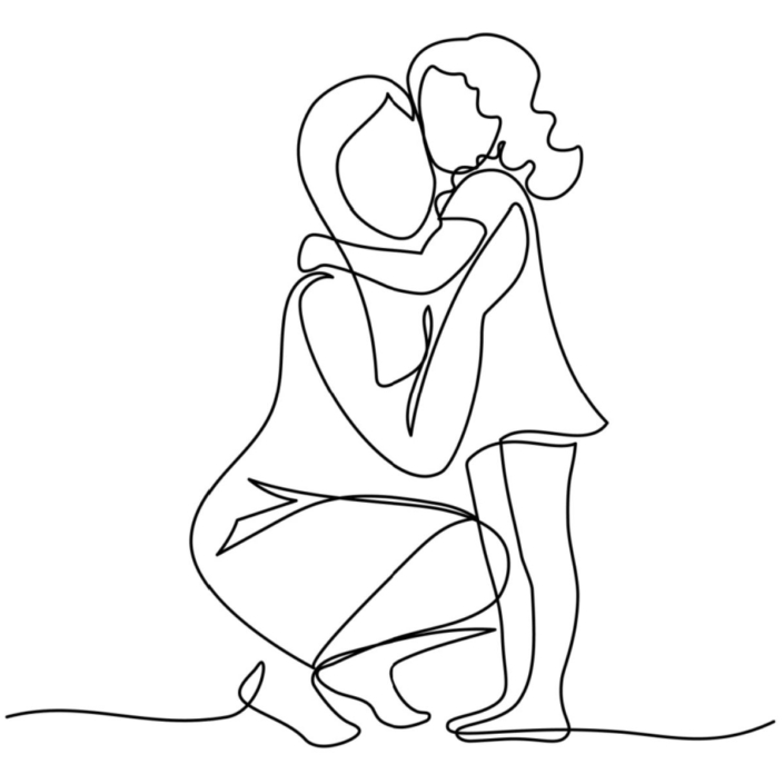 A line drawing of a mom bend down to hug her daughter.