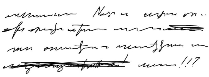 A line drawn image of words scribbled onto a page. None of the words are legible but we see some crossed out mid sentence.
