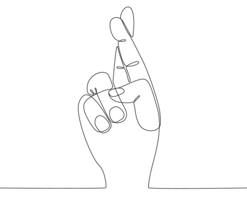 A line drawing of a hand with its fingers crossed.