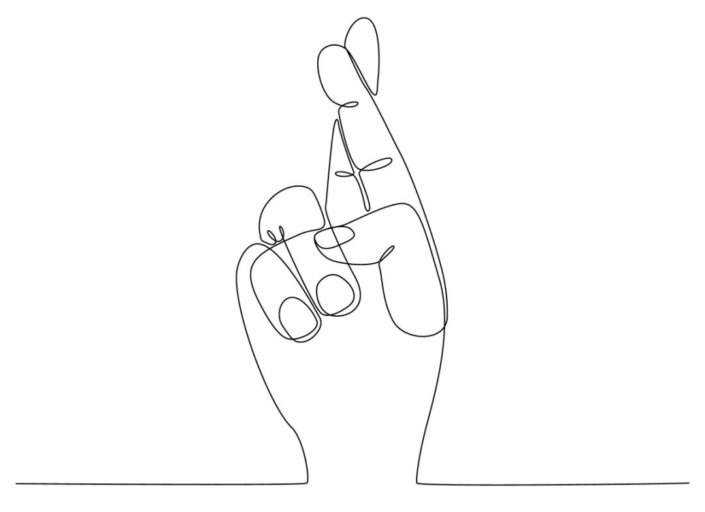 A line drawing of a hand with its fingers crossed.