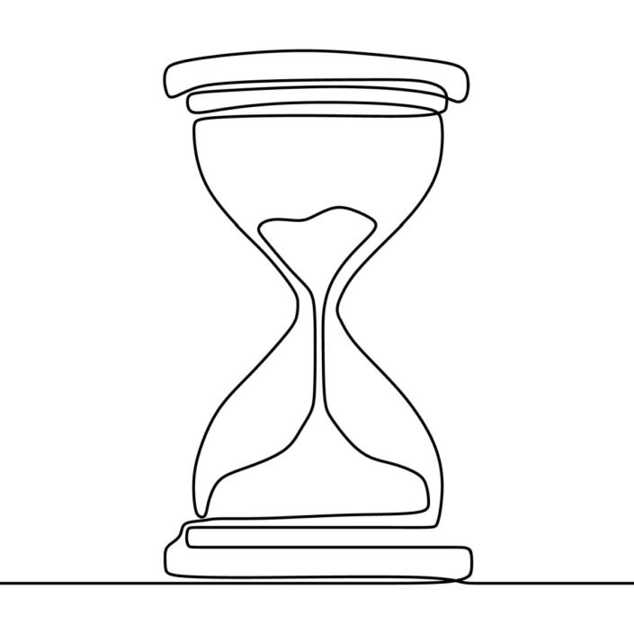 A line drawing of an hour glass flipped over, with sand running down it.