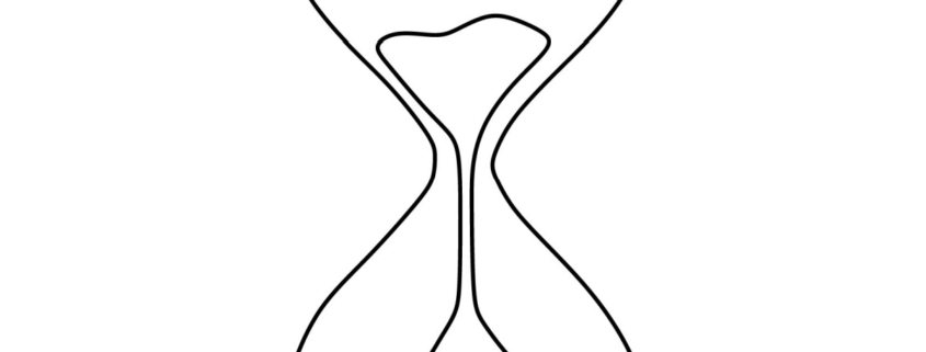A line drawing of an hour glass flipped over, with sand running down it.