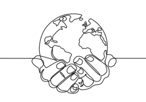A line drawing of hands holding the world.